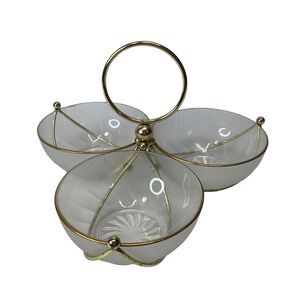 Vintage Libbey MCM Glass Gold Relish Condiment 3 Bowl‎ Set Metal Gold tone Caddy